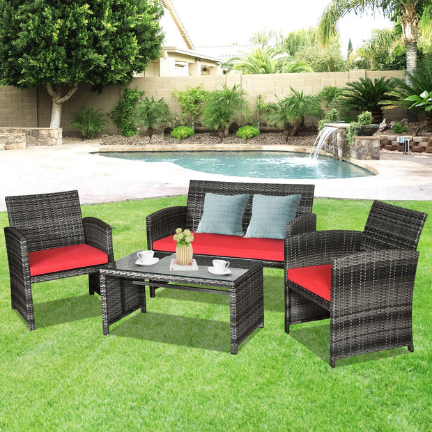 4 Pieces Patio Rattan Furniture Set with Cushions-Red