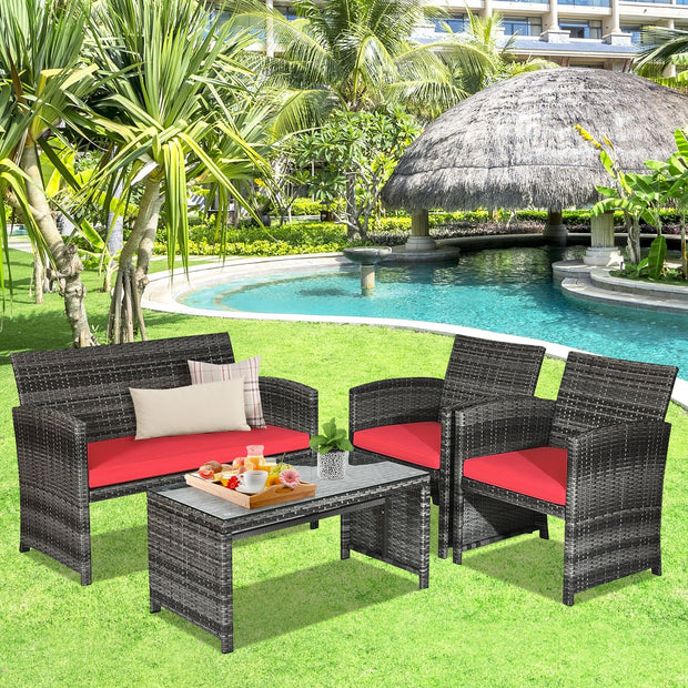 4 Pieces Patio Rattan Furniture Set with Cushions-Red