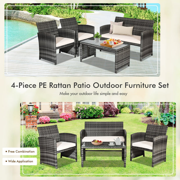 4 Pcs Patio Rattan Furniture Set Top Sofa With Glass Table-White