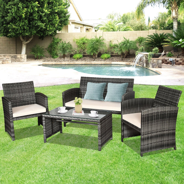 4 Pcs Patio Rattan Furniture Set Top Sofa With Glass Table-White