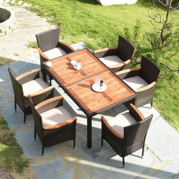 7 Pieces Garden Dining Patio Rattan Set with Cushions for Backyard