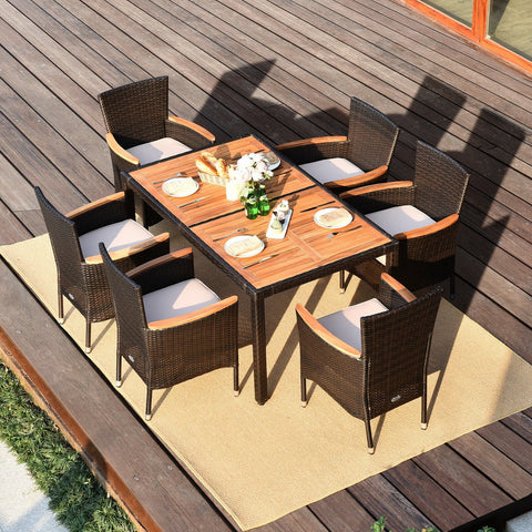 7 Pieces Garden Dining Patio Rattan Set with Cushions for Backyard