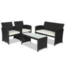 4 Pieces Rattan Patio Furniture Set with Weather Resistant Cushions and Tempered Glass Tabletop-White