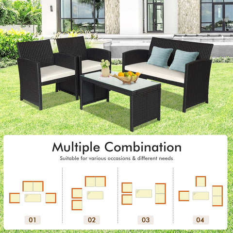 4 Pieces Rattan Patio Furniture Set with Weather Resistant Cushions and Tempered Glass Tabletop-White