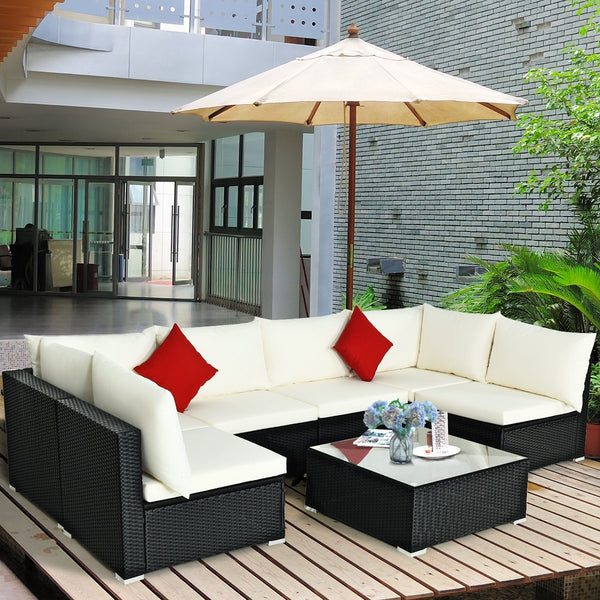 7-Piece Outdoor Sectional Wicker Patio Sofa Set with Tempered Glass Top-White