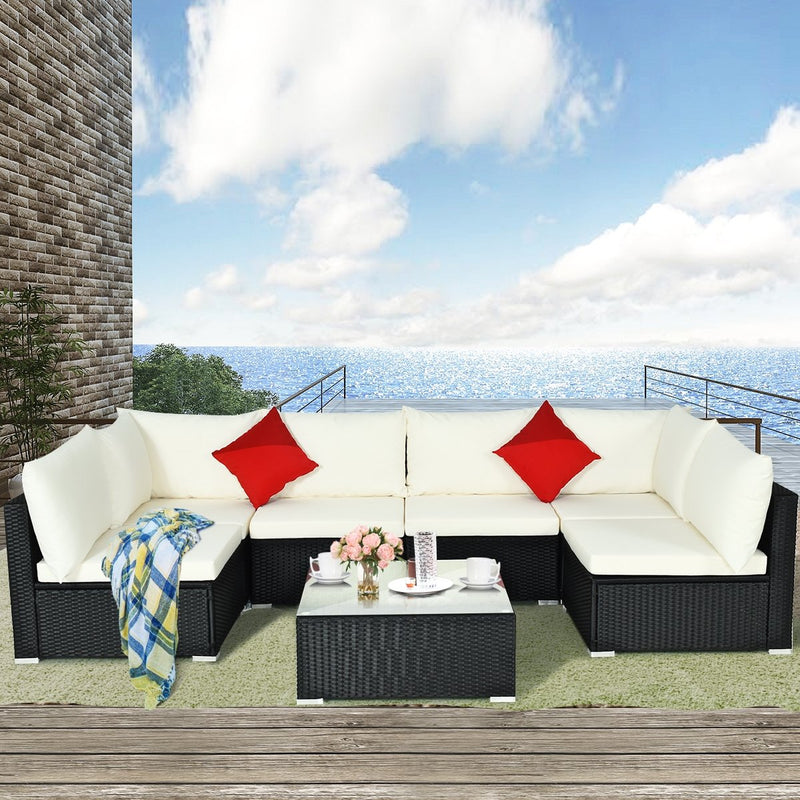 7-Piece Outdoor Sectional Wicker Patio Sofa Set with Tempered Glass Top-White