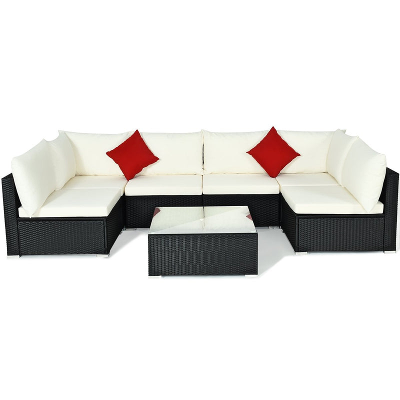 7-Piece Outdoor Sectional Wicker Patio Sofa Set with Tempered Glass Top-White