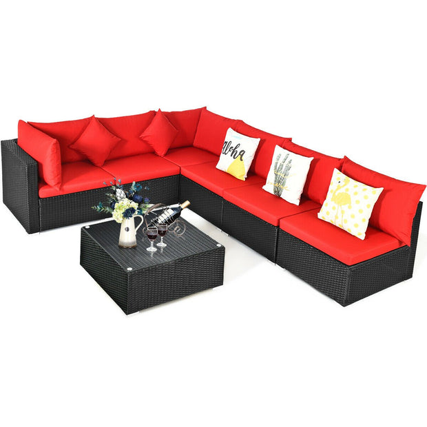 7 Pieces Sectional Wicker Furniture Sofa Set with Tempered Glass Top-Red