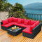 7 Pieces Sectional Wicker Furniture Sofa Set with Tempered Glass Top-Red