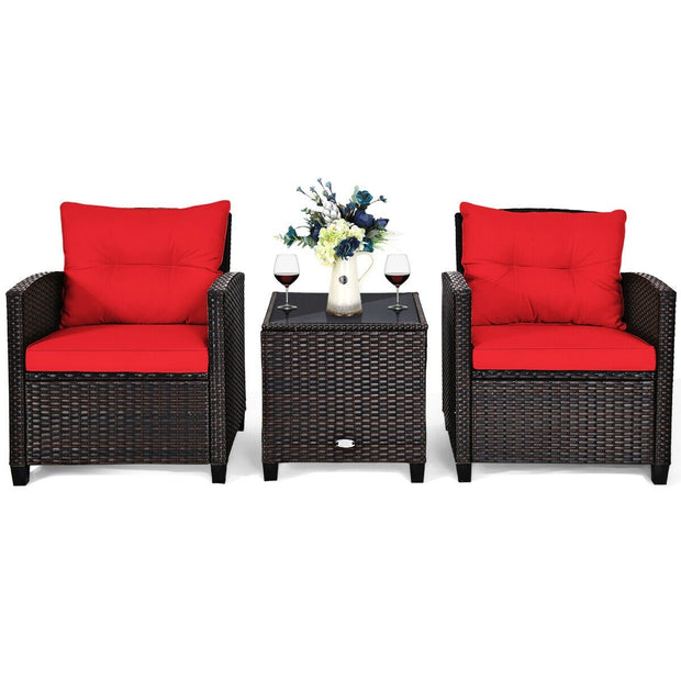 3 Pieces Cushioned Rattan Patio Conversation Set with Coffee Table-Red