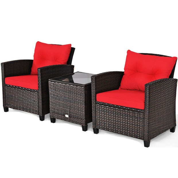 3 Pieces Cushioned Rattan Patio Conversation Set with Coffee Table-Red