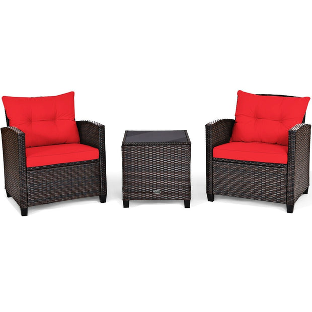 3 Pieces Cushioned Rattan Patio Conversation Set with Coffee Table-Red