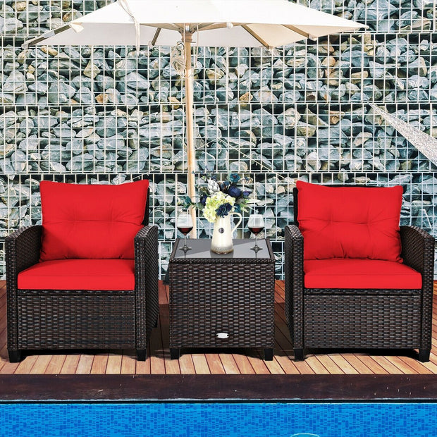 3 Pieces Cushioned Rattan Patio Conversation Set with Coffee Table-Red