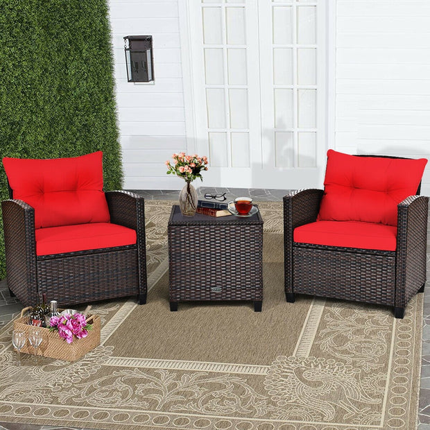 3 Pieces Cushioned Rattan Patio Conversation Set with Coffee Table-Red