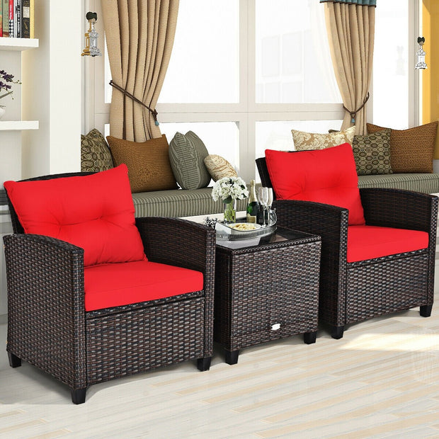 3 Pieces Cushioned Rattan Patio Conversation Set with Coffee Table-Red