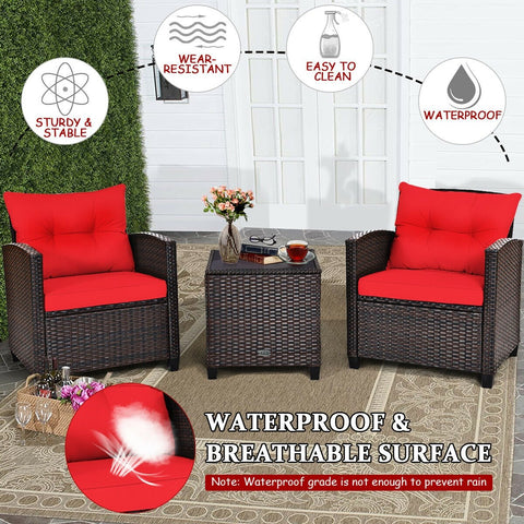 3 Pieces Cushioned Rattan Patio Conversation Set with Coffee Table-Red