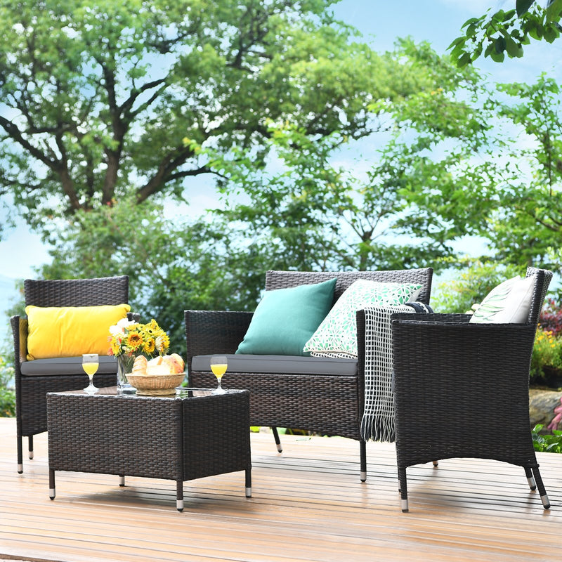 4 Pieces Comfortable Outdoor Rattan Sofa Set with Glass Coffee Table-Gray