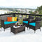 4 Pieces Comfortable Outdoor Rattan Sofa Set with Glass Coffee Table-Turquoise