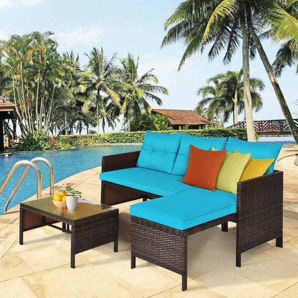 3 Pieces Patio Wicker Rattan Sofa Set-Turquoise