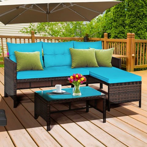 3 Pieces Patio Wicker Rattan Sofa Set-Turquoise