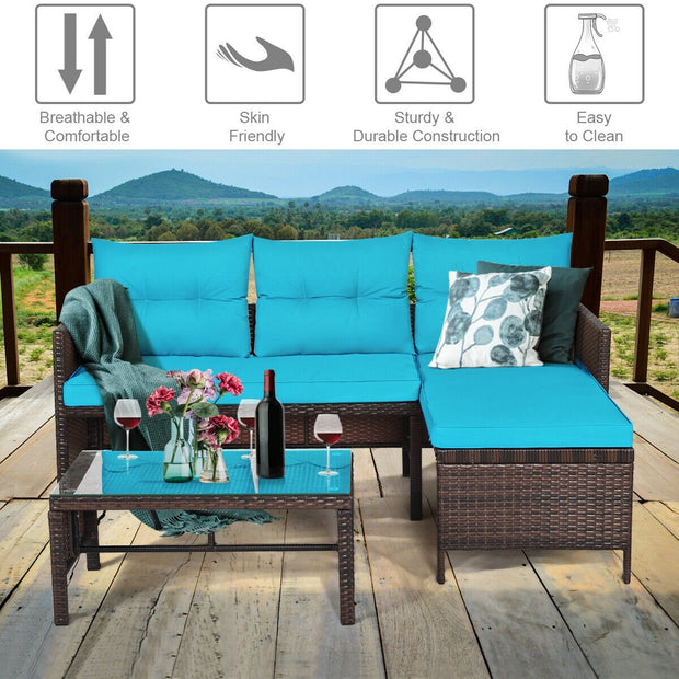 3 Pieces Patio Wicker Rattan Sofa Set-Turquoise