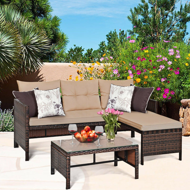 3 Pieces Patio Wicker Rattan Sofa Set-Beige