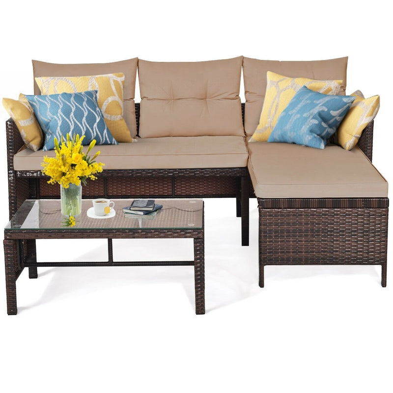 3 Pieces Patio Wicker Rattan Sofa Set-Beige