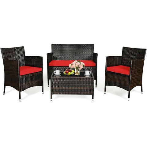 4 Pieces Comfortable Rattan Outdoor Conversation Furniture Set with Glass Table-Red