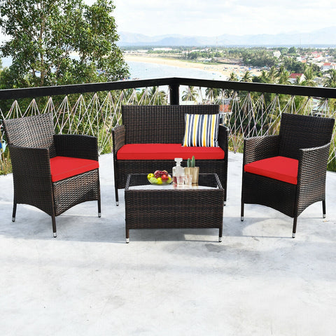 4 Pieces Comfortable Rattan Outdoor Conversation Furniture Set with Glass Table-Red