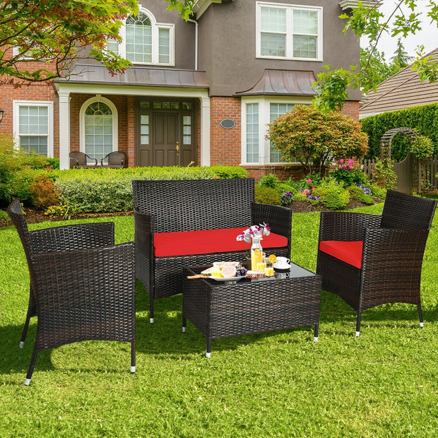 4 Pieces Comfortable Rattan Outdoor Conversation Furniture Set with Glass Table-Red