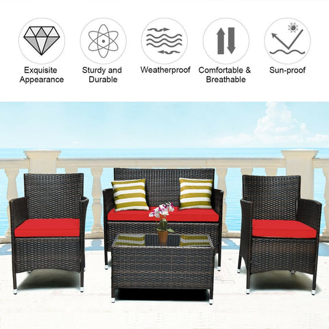 4 Pieces Comfortable Rattan Outdoor Conversation Furniture Set with Glass Table-Red