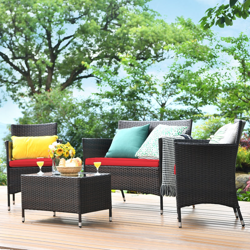 4 Pieces Comfortable Rattan Outdoor Conversation Furniture Set with Glass Table-Red