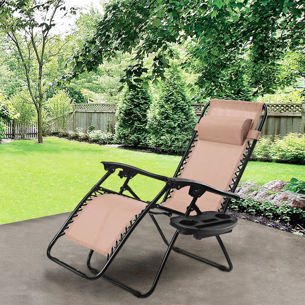 Outdoor Folding Zero Gravity Reclining Lounge Chair with Utility Tray-Beige