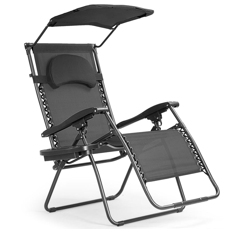 Folding Recliner Lounge Chair w/ Shade Canopy Cup Holder-Black