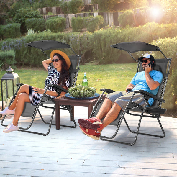 Folding Recliner Lounge Chair w/ Shade Canopy Cup Holder-Black