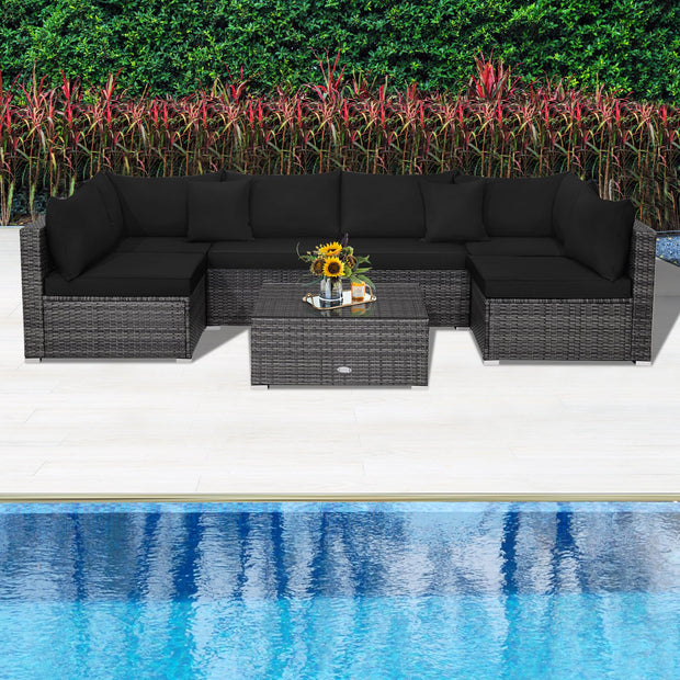 7 Pieces Patio Rattan Furniture Set Sectional Sofa Garden Cushion-Black