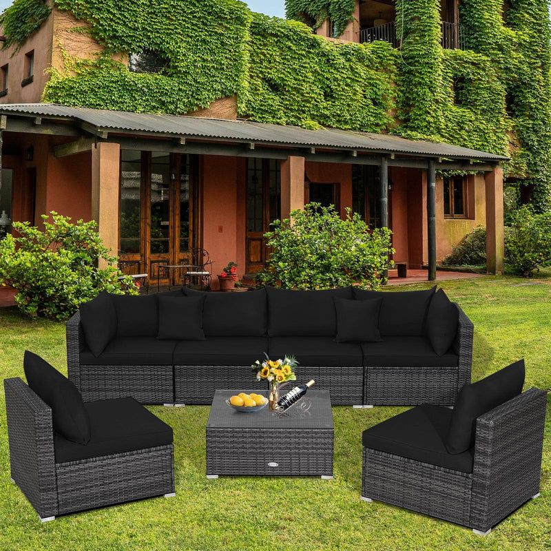 7 Pieces Patio Rattan Furniture Set Sectional Sofa Garden Cushion-Black