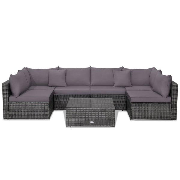 7 Pieces Patio Rattan Furniture Set Sectional Sofa Garden Cushion-Gray
