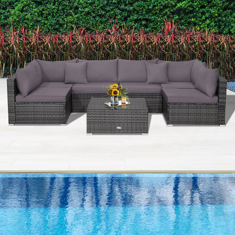 7 Pieces Patio Rattan Furniture Set Sectional Sofa Garden Cushion-Gray