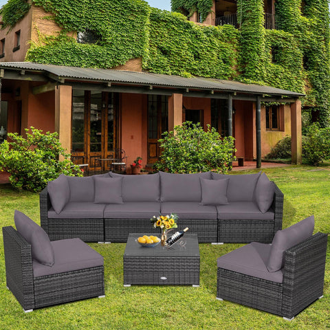 7 Pieces Patio Rattan Furniture Set Sectional Sofa Garden Cushion-Gray