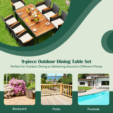 9 Pieces Rattan Patio Dining Set with Acacia Wood Table and Cushioned Chair