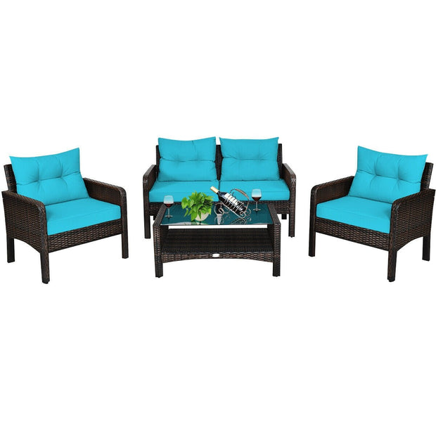 4 Pcs Outdoor Rattan Wicker Loveseat Furniture Set with Cushions-Turquoise