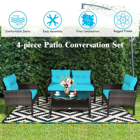 4 Pcs Outdoor Rattan Wicker Loveseat Furniture Set with Cushions-Turquoise