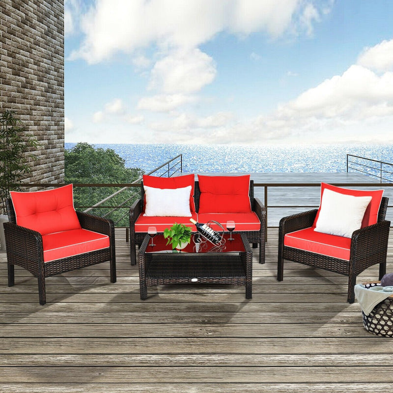 4 Pcs Outdoor Rattan Wicker Loveseat Furniture Set with Cushions-Red