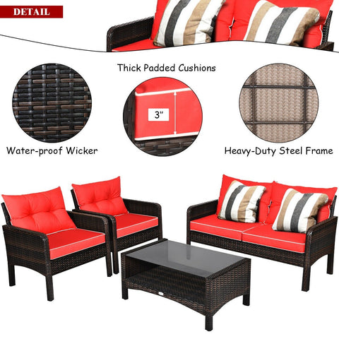 4 Pcs Outdoor Rattan Wicker Loveseat Furniture Set with Cushions-Red