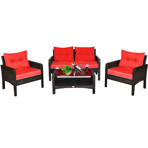 4 Pcs Outdoor Rattan Wicker Loveseat Furniture Set with Cushions-Red