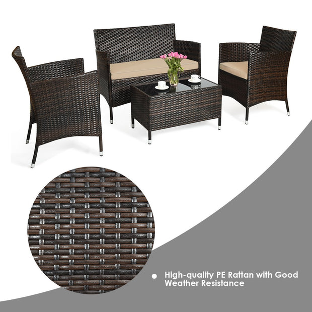 4 Pieces Comfortable Outdoor Rattan Sofa Set with Glass Coffee Table-Light Brown