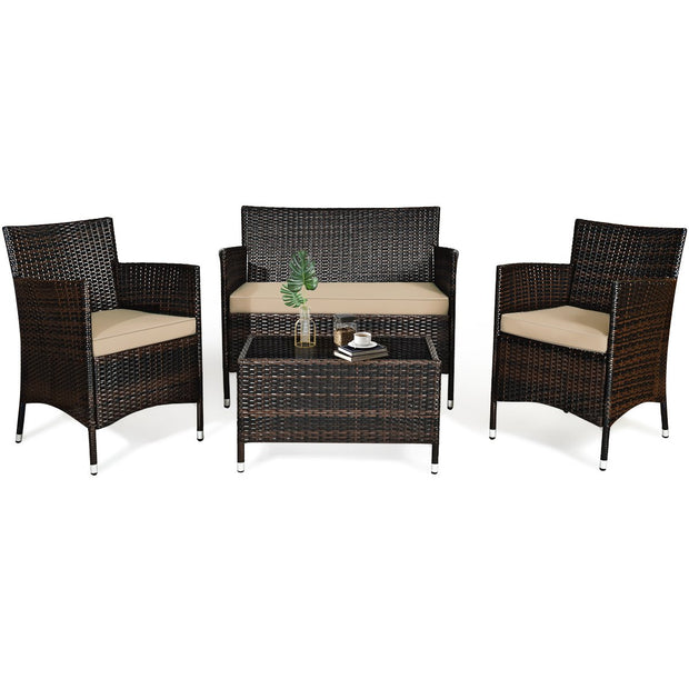 4 Pieces Comfortable Outdoor Rattan Sofa Set with Glass Coffee Table-Light Brown