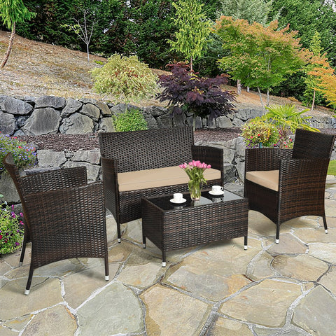 4 Pieces Comfortable Outdoor Rattan Sofa Set with Glass Coffee Table-Light Brown