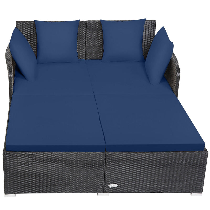 Spacious Outdoor Rattan Daybed with Upholstered Cushions and Pillows-Navy